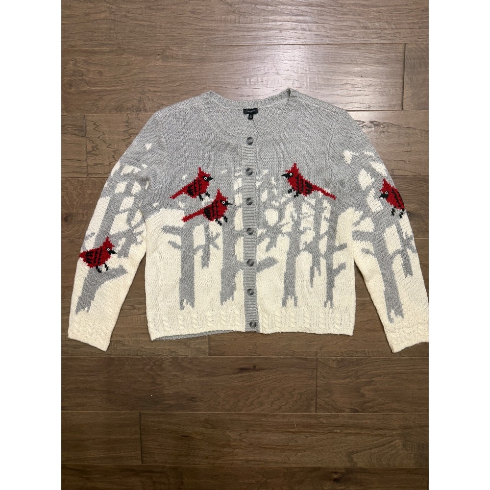 NWT Talbots Cardinal Bird Winter Cardigan Sweater Womens XL Gray Wool Blend Knit